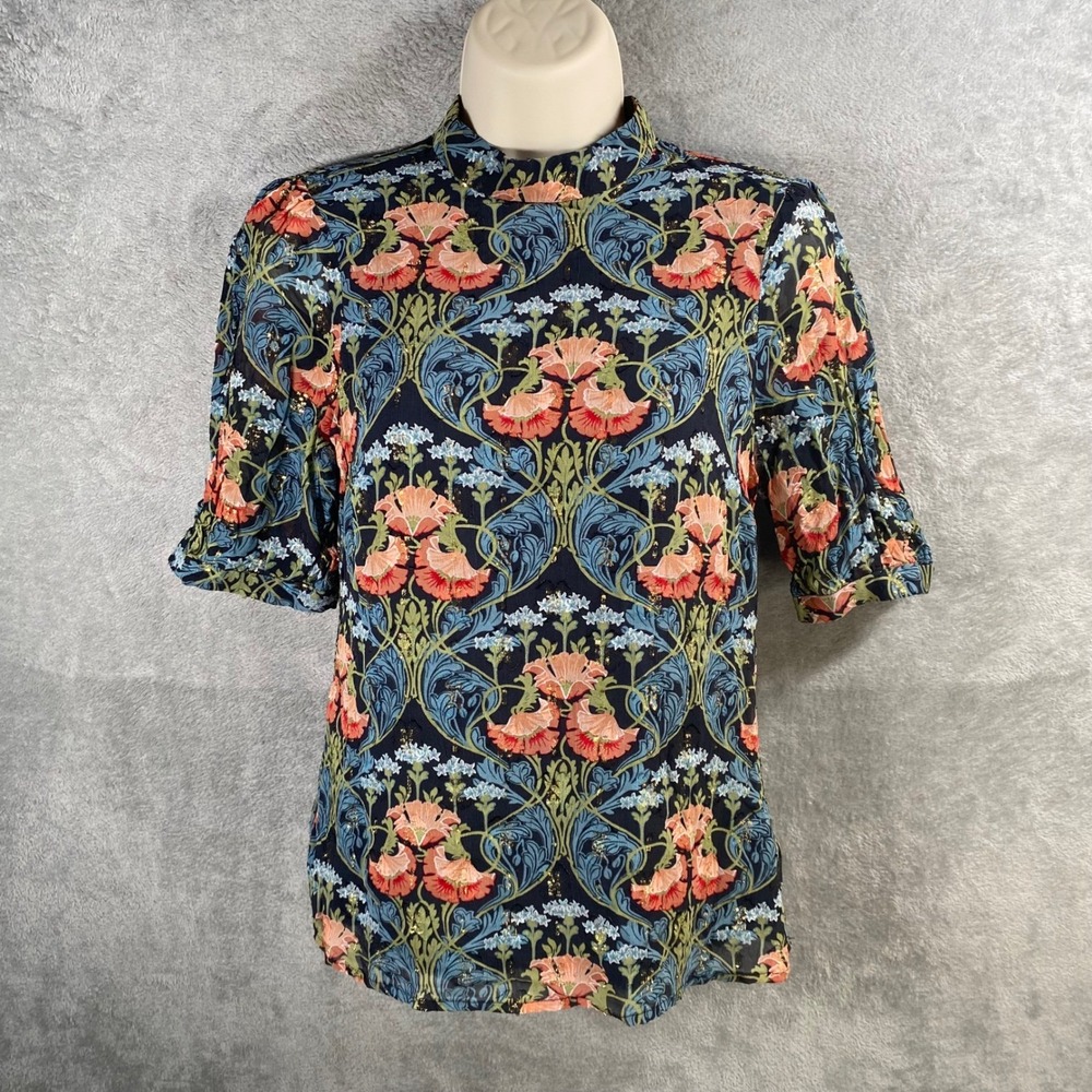 Anthropologie Top Size 2 Floral Mock Neck Blouse Boho Cottage Fairy‎ Grunge